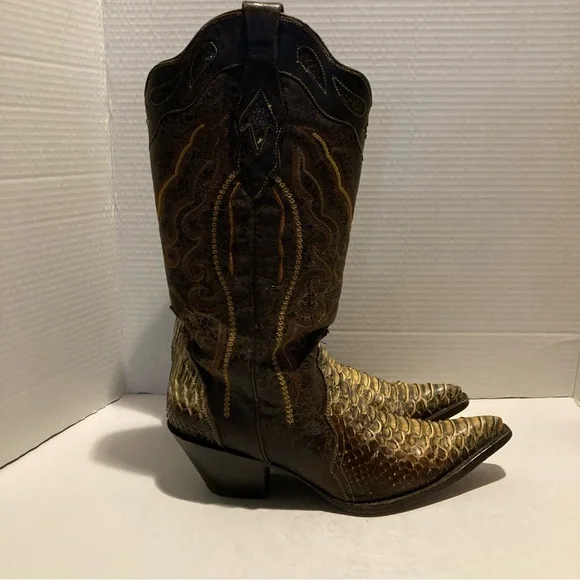 Women’s Brown Leather With Tan Python And Embroidery Pull On Cowboy Boots SZ 8.5 - Picture 2 of 11